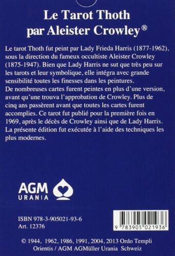 Le Tarot Thoth knyga – mėlynas nugarėlinis viršelis su AGM Urania leidėjo ženklu, ISBN ir leidimo informacija