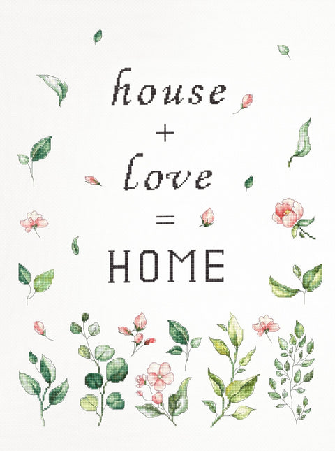 Plakatas "House + Love = HOME" su juodu tekstu ir subtiliais žaliais‑rožiniais gėlių lapais aplink kraštus, vertikalus variantas