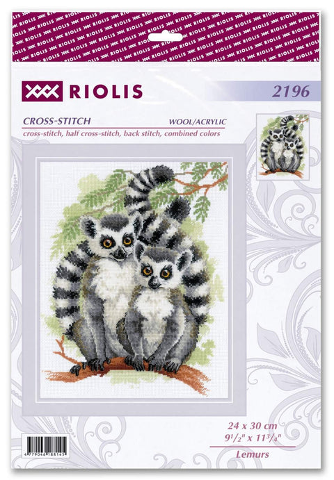 Kryželių rinkinys Riolis su dviem lemūrais ant šakos, vilnos/akrilo siūlai ir pakuotės priekinis piešinys, skirtas 24×30 cm darbui