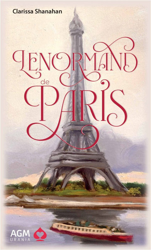 Lenormand kortų rinkinys Lenormand de Paris su Eifelio bokšto viršeliu ir raudonu titulinės teksto ornamentu