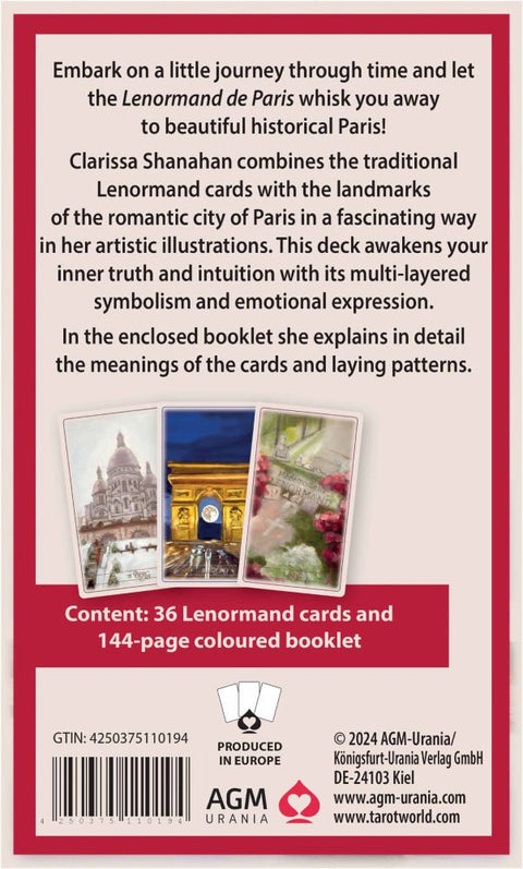 Lenormand kortų rinkinys AGM‑Urania — 36 kortos su Clarissa Shanahan Paryžiaus iliustracijomis ir 144 psl. spalvotas bukletas