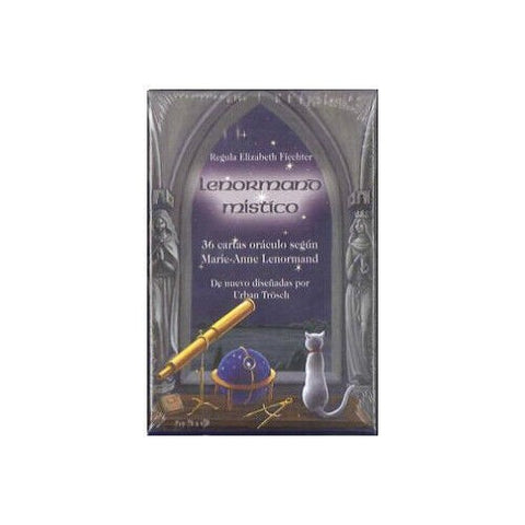 Lenormand kortos – užklijuotame violetiniame dėkle, 36 mistinės oracle kortos su teleskopu, gaubliu ir katės iliustracija