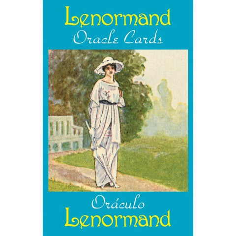 Lenormand kortos, turkio spalvos dėkle su klasikinės moters ilustracija ant viršelio, pakuotės priekinė pusė