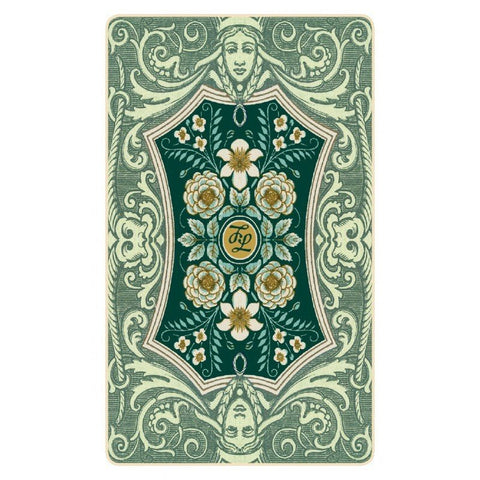 Kortos su žalia vintažine gėlių nugarėle, detalia aukso emblemos centrinė dalimi ir kremine ornamentika