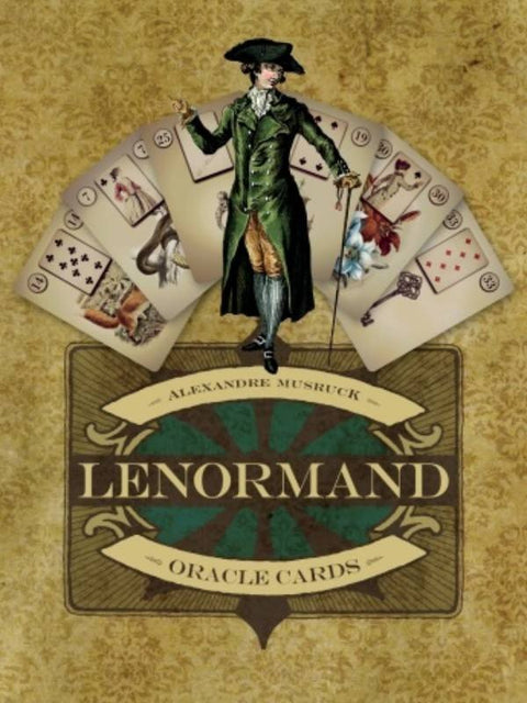 Lenormand kortos Alexandre Musruck, vintažinė auksinė dėžutė su stovinčiu vyru viršuje ir išskleistomis kortomis