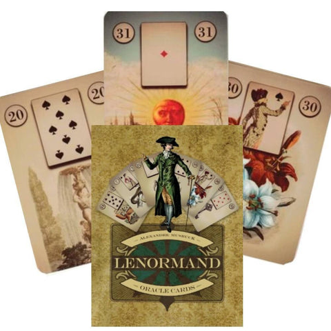 Lenormand kortos, vintage pakuotėje su priekiu ir trimis pavyzdinėmis kortomis, rodant komplekto dizainą