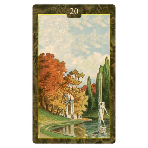 tarot korta 20 su paviljonu ir fontanu prie tvenkinio, rudeniški medžiai ir aukštas vertikalus formatas