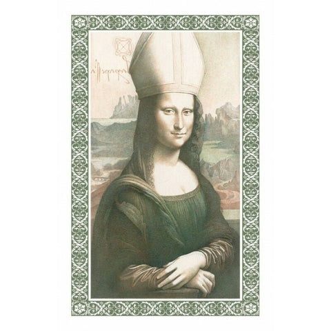 Mona Liza plakatas — sepijos atspalvio reprodukcija su žaliu ornamentiniu rėmu ir vyskupo mitra, vertikalus formatas