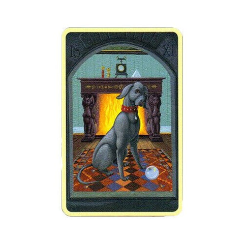 Tarot korta su pilku šunimi ir raudona antkakle prieš liepsnojantį židinį ant raudono-oranžinio kilimo su krištolo rutuliu