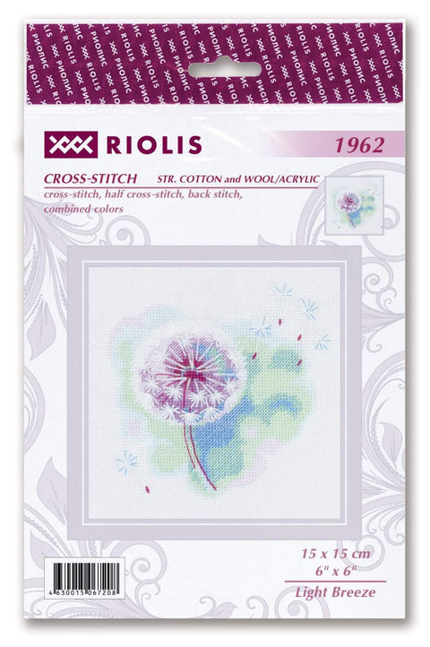 Kryželių siuvinėjimo rinkinys Riolis Light Breeze, 15×15 cm, subtilus pūkuoto pienės žiedo motyvas pastelinių spalvų fone