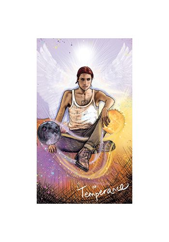 Tarot korta Temperance — moderni vyriška interpretacija su baltų sparnų, plaukiojančiomis orbomis ir pastelinėmis geltonomis detalėmis