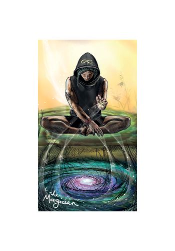 Tarot korta Magas — juodai apsirengęs figūros meditacija virš švytinčio spiralinio portalo, iliustracinė versija