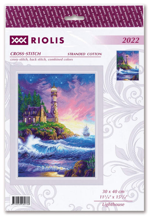 kryželių rinkinys Riolis 30×40 cm, uosto švyturio peizažas su rožiniu dangumi ir audringomis mėlynomis bangomis, pakuotės priekinis vaizdas
