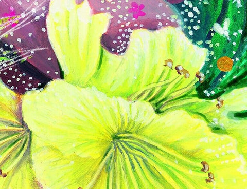 Paveikslas geltonos gėlės, aliejinė tekstūra ir sodrios žalios bei violetinės detalės, arti žiedo centro, 40×50 cm