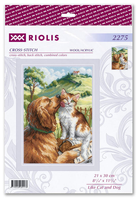Kryželių rinkinys Riolis 21×30 cm — kaimo peizažas su šunimi laižančiu katę, vilnos/akrilo siūlai, pakuotės viršelis