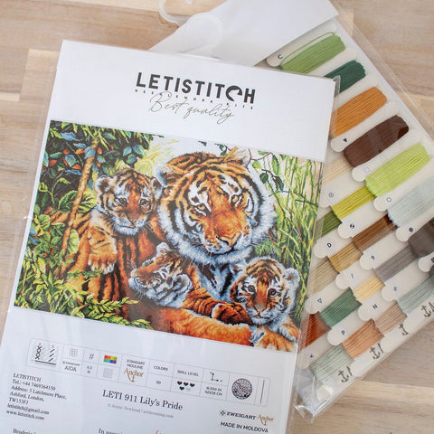 Siuvinėjimo rinkinys LETISTITCH su tigro šeimos schema ir kelių spalvų siūlų kortelėmis komplekte