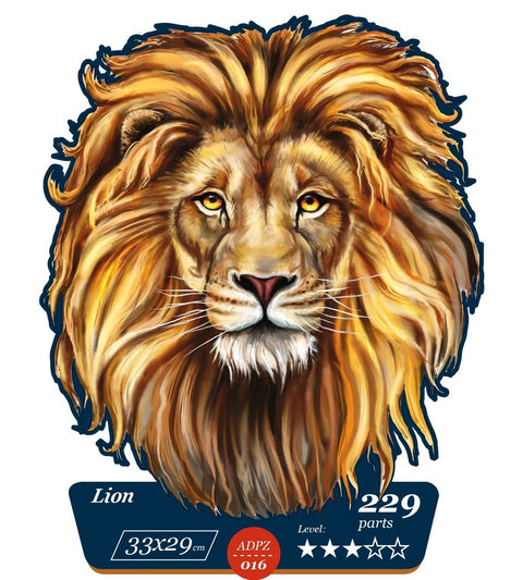 Dėlionė Liūtas, 229 dalių (33×29 cm), auksinės rudos liūto galva su išraiškinga manė — stilinga sieninė detalė