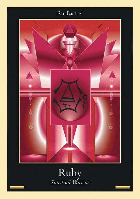 Ruby plakatas su ryškiomis raudonomis ir rožinėmis geometrinėmis formomis, juodu rėmu ir „Spiritual Warrior“ užrašu apačioje