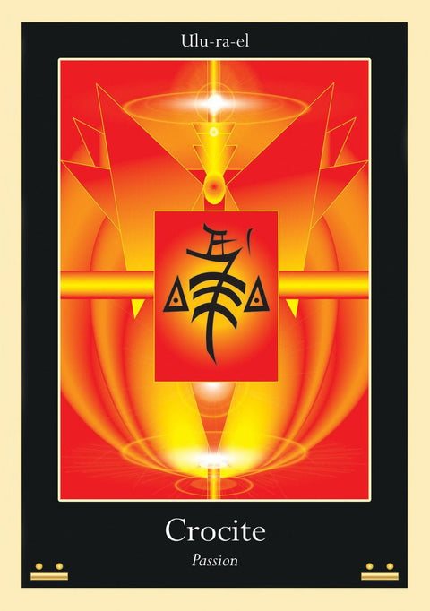 Tarot korta Crocite (Ulu-ra-el) — ryškiai raudona ir geltona priekinė pusė su aistringu simboliu ir geometriniu centru