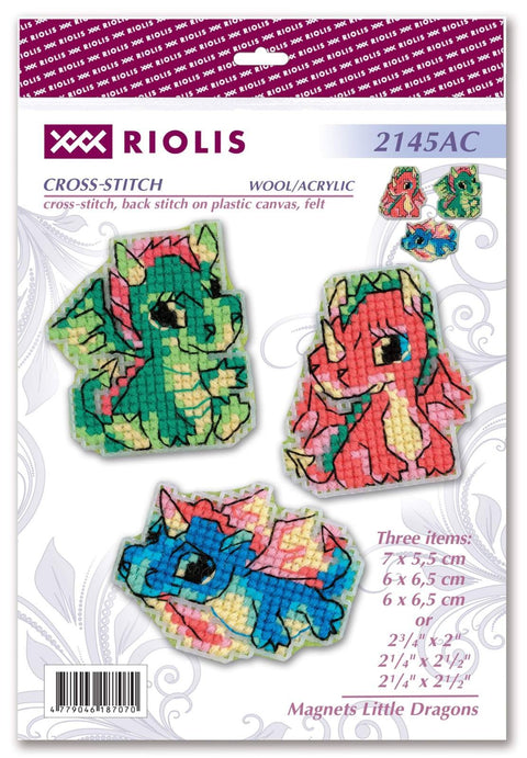 Magnetai Riolis, kryželiu siuvinėtas komplektas su trimis mažais drakonėliais (žalias, raudonas, mėlynas), skirtingi dydžiai