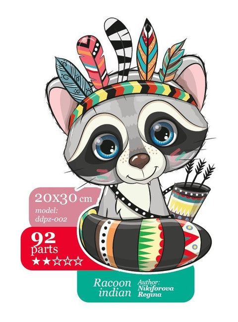 Dėlionė 20×30 cm, 92 dalys, spalvingas raccoon „indian“ su plunksnų vainiku — vaikams, unikalus dizaino variantas