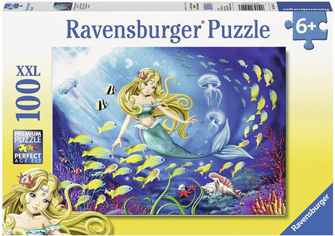 Puzzle Ravensburger 100 XXL dalių su žalsvai mėlyna undine ir spalvotu jūriniu peizažu, pakuotės priekinė dalis