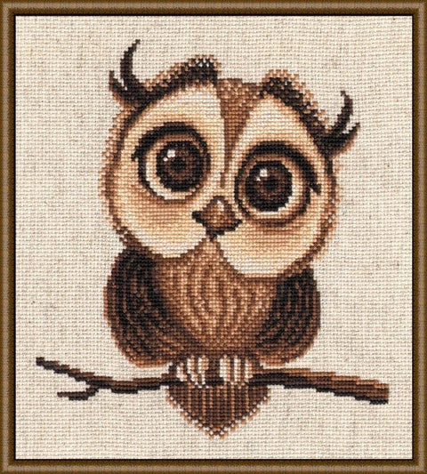 kryželių rinkinys: rudą pelėdą ant šakos, paruoštas rėminimui 30×40 cm, šiltų tonų variantas vaikų kambariui