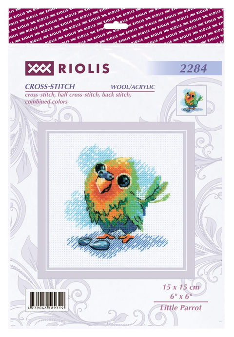 kryželių rinkinys mažai papūgėlei (Riolis), 15×15 cm pakuotė su spalvotu užbaigto darbo pavyzdžiu ir siūlų nurodymais