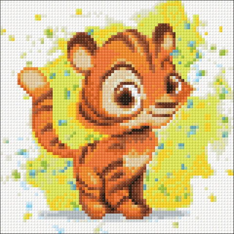Deimantinė mozaika rudas tigras ant geltonos žvaigždės, 30×30 cm vaikų kūrybos rinkinys su ryškiomis pikselėmis