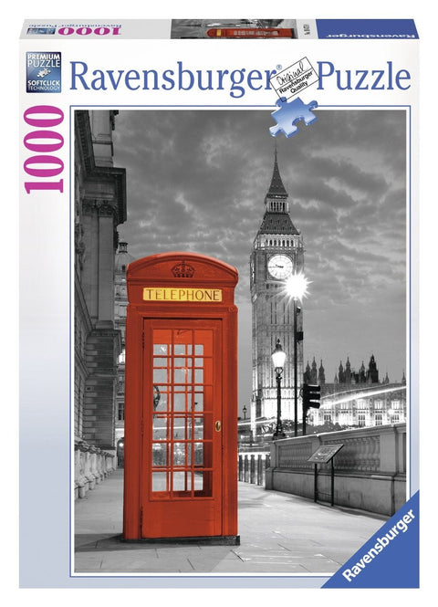 dėlionė Ravensburger 1000 dalių, Londono scena su išryškinta raudona telefono būdele priešais Big Beną, kraštovaizdžio formatas