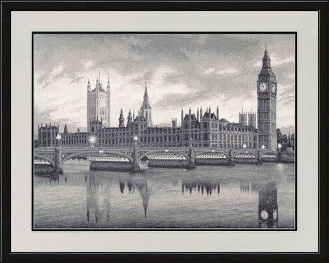 Paveikslas Londono Parlamento panorama įrėmintas juodu rėmu, monochromatinis 60×80 cm, atspindys upėje