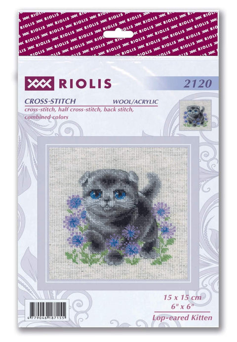 kryželių rinkinys Riolis 15×15 cm – pilkas, nusvirusiomis ausimis kačiukas su mėlynomis akimis tarp violetinių gėlių, pakuotės priekinė dalis