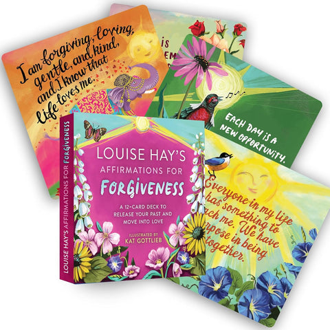 Afirmacijų kortelių rinkinys „Louise Hay’s Forgiveness“ — spalvotas 12 kortų dėžutės komplektas su atleidimo tekstais ir Kat Gottlieb iliustracijomis