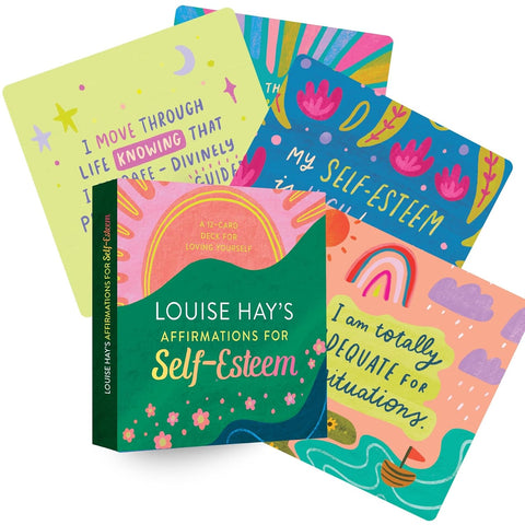 Affirmacijų kortelės Louise Hay — 12 spalvingų savivertei skirtų kortelių komplektas su dėžute, rodoma iš viršaus