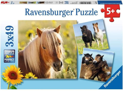 Dėlionė Ravensburger 3×49 det., amžiui 5+, rudos ponių koliažas su saulėgrąža fone, skirta vaikų žaidimui ir lavinimui
