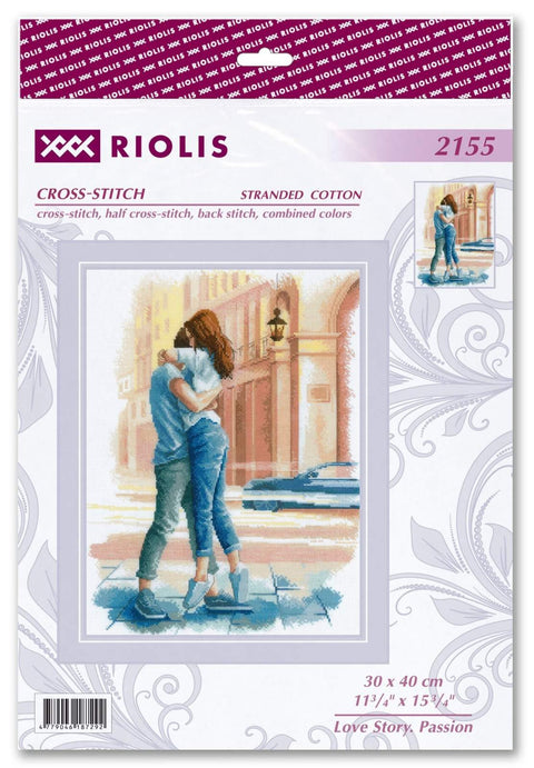 Kryželių rinkinys Riolis 30×40 cm „Love Story“ – poros apkabinimo romantinis motyvas ant pakuotės, priekinis planas