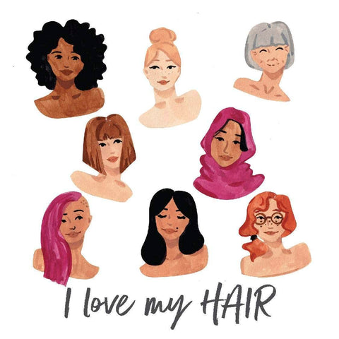 Plakatas su akvarelinėmis įvairių moterų šukuosenų iliustracijomis ir užrašu I love my HAIR, skirtas namų ar salono dekorui