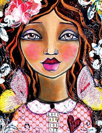 Paveikslas – spalvinga moters veido kompozicija ant drobės su rožine suknele, širdies aplikacija ir gėlių akcentais, tinkamas interjerui