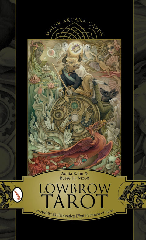 Lowbrow Tarot kortų rinkinys, Aunia Kahn & Russell J. Moon viršelis su juoda‑auksine iliustracija portreto formatu