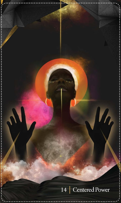 tarot korta 'Centered Power' 14, tamsios figūros siluetas su oranžiniu aureolės žiedu ir pakeltomis rankomis, spalvotas kosminis fonas