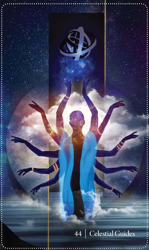 Korta 44 Celestial Guides — mėlyna kosminė iliustracija su daugiaranke figūra ir spindinčiais debesimis