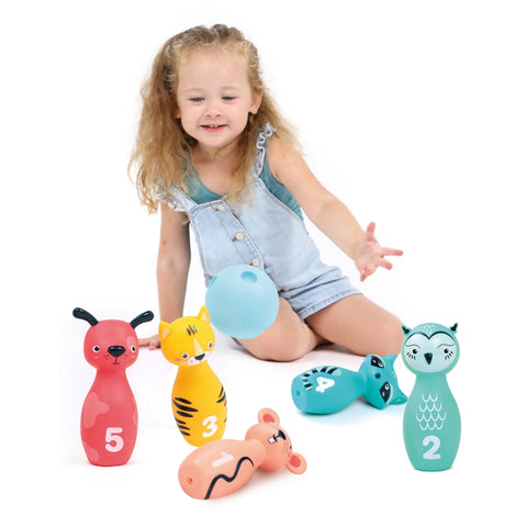 LUDI minkštas boulingas „Miško gyvūnai“ vaikams – 5 kėgliai + kamuolys
