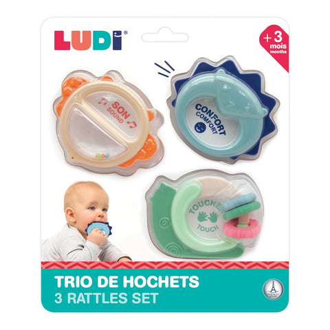 LUDI barškučių rinkinys kūdikiams, 3 vnt., silikoniniai lavinamieji, nuo 3 mėn.