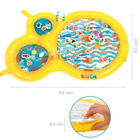 LUDI sensorinis pripučiamas vandens kilimėlis kūdikiams su iliuminatoriais, plaukiojančiais žaislais ir garsinėmis rankenomis, 94×63 cm, 10+ mėn.