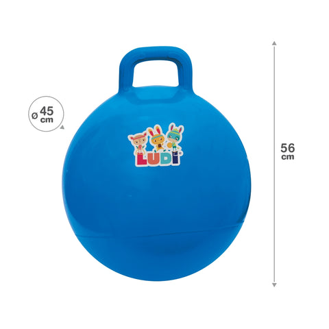 LUDI šokinėjimo kamuolys su rankena 45 cm, mėlynas – vaikams 3+, neslystantis, vidui ir laukui