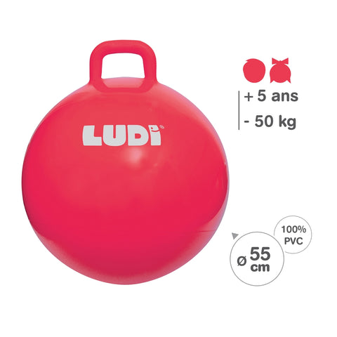 LUDI šokinėjimo kamuolys vaikams 55 cm su rankena – raudonas, neslystantis, 3+