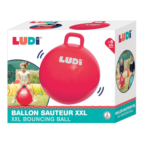 LUDI šokinėjimo kamuolys vaikams 55 cm su rankena – raudonas, neslystantis, 3+