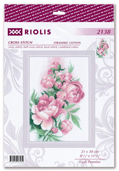 Kryželių rinkinys Riolis su rožiniais bijūnais, komplektas 21×30 cm ant priekinės pakuotės, pavaizduotas įrėmintas modelis