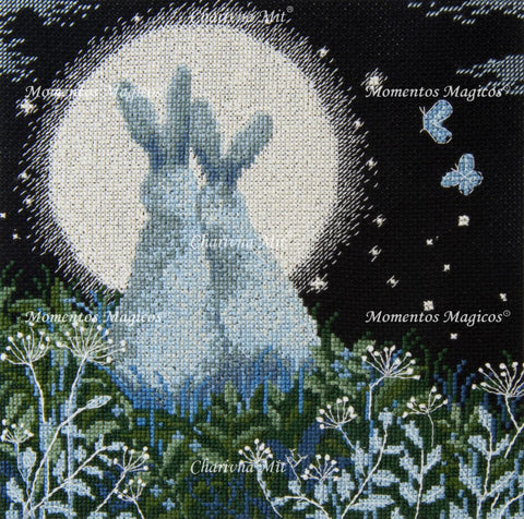 Siuvinėjimo kryželiu rinkinys „Mėnulio kiškiai“, juodas Aida 16, 18×18 cm
