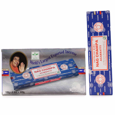 Nag Champa smilkalai Satya mėlyname pakuotėje, 6 x 100 g dėžutė (600 g) su papildomu vertikaliu vienetiniu pakeliu
